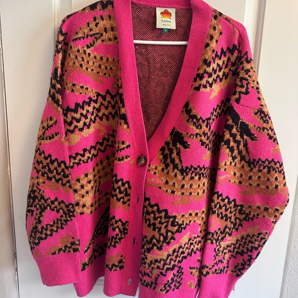FARM Rio Vibrant Pink and Tan Cardigan
